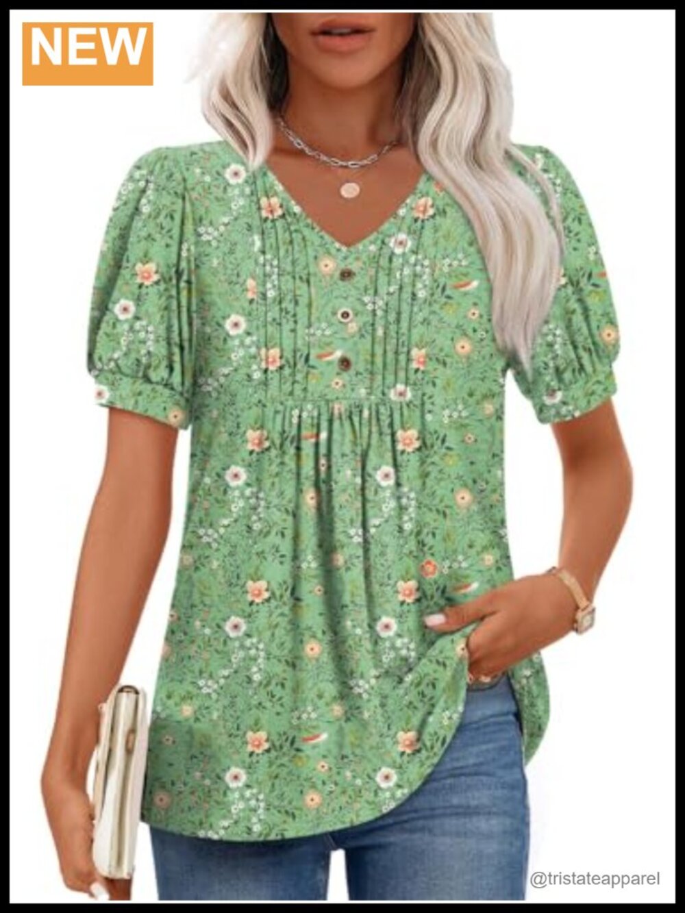 Women's Pleated Puff Sleeve V-Neck Tunic Top Button Down Blouse